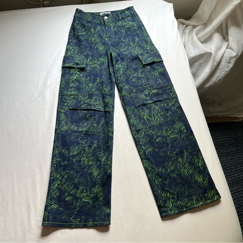 I AM GIA blue denim green zebra‎ animal cargo wide leg pants jeans